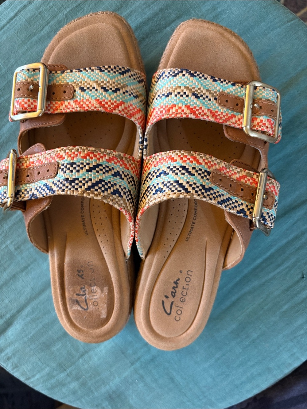 Clark’s  Multicolor Woven Strap Tan Footbed Sandals